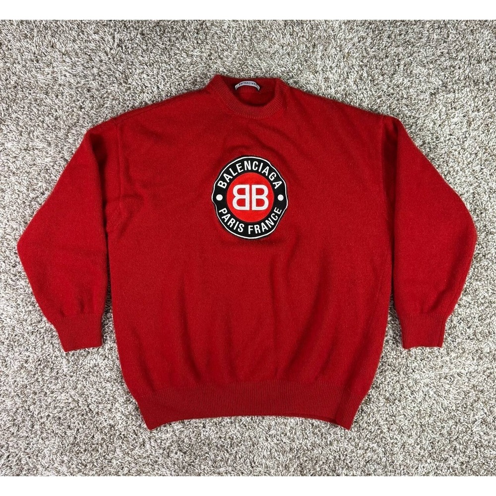Balenciaga Club Logo Crewneck Sweater in Cashmere & Wool Red Size Small